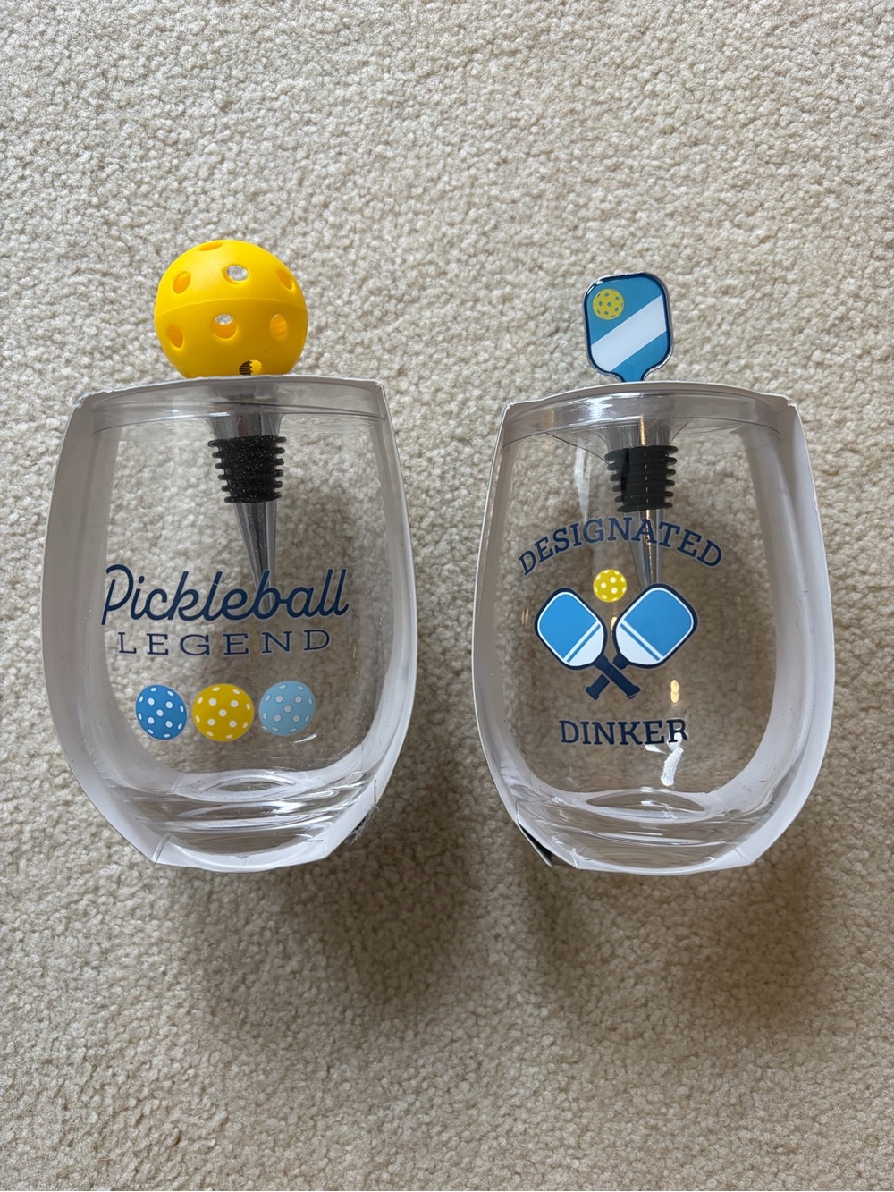 Set of 2 Pickleball Stemless Wine Glasses Set with Wine Stopper- Yellow & Blue